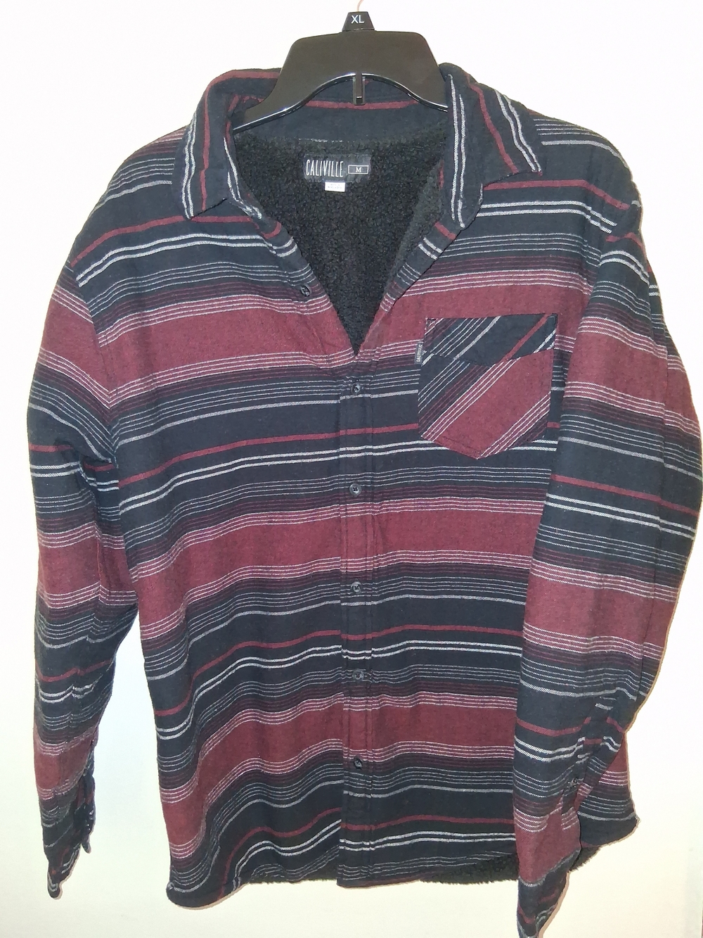Men’s Long-Sleeve Striped Button-Up Shacket- Burgundy & Black
